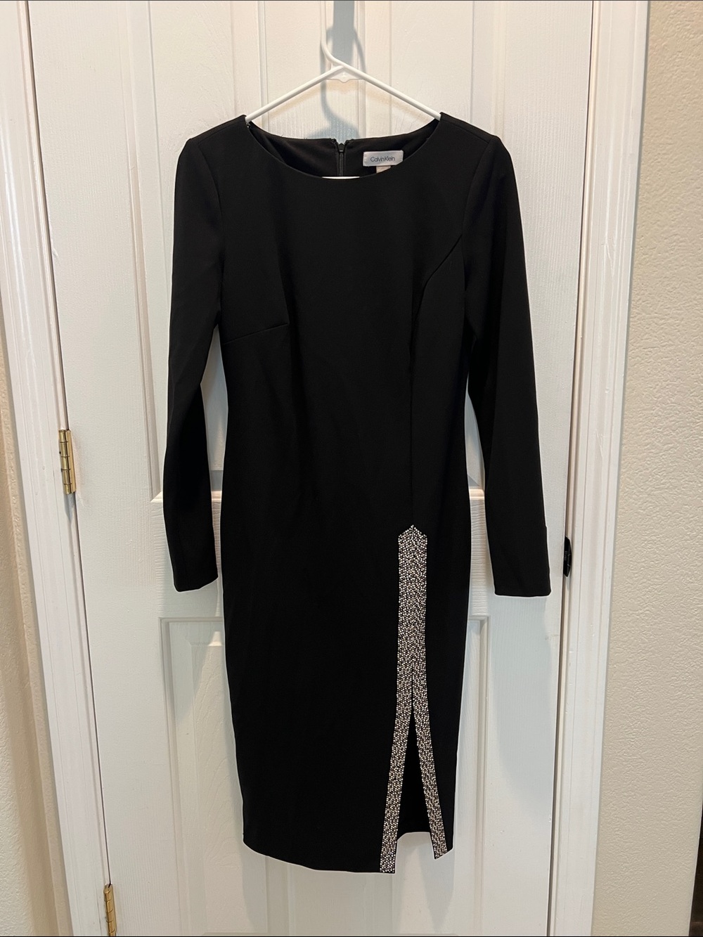 Calvin Klein Black Long-Sleeve Sheath Dress with Sparkle-Trim Slit